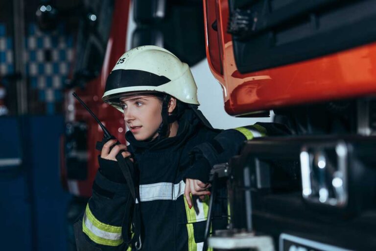 Female firefighter on radio