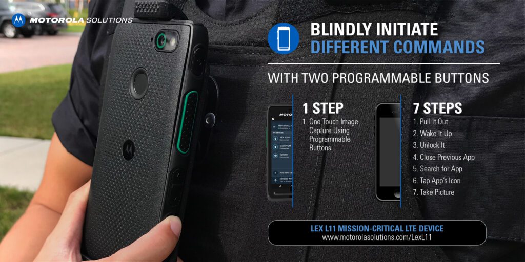 police officer taking advantage of the programmable buttons on the Motorola LEX L11 LTE handheld two-way radio