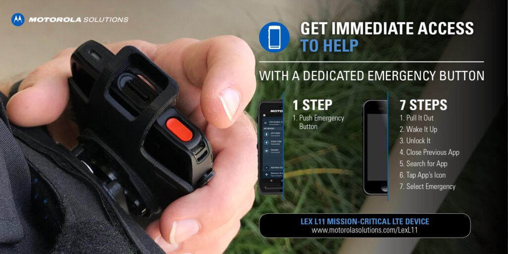 police officer using the dedicated emergency button on the Motorola LEX L11 LTE handheld