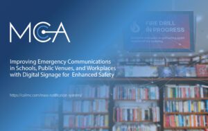 digital signage in school library providing an emergency communication to students that there is a "fire drill in progress"