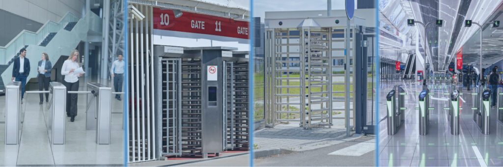 four different types of security turnstile gates, which are physical barriers designed for crowd management