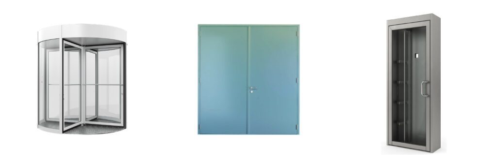 three types of security door solutions: revolving, hollow metal, and folding glass