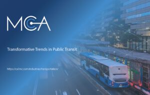 a public transit bus, which is undergoing monumental transformation with recent public transit trends including AI in transportation, leaving a stop in a populated urban area