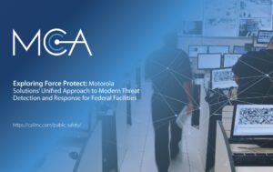 a federal facility security control room using the Force Protect platform, which is a Converged Security and Information Management (CSIM) platform designed to unify disparate security and communication systems into a common operating picture.