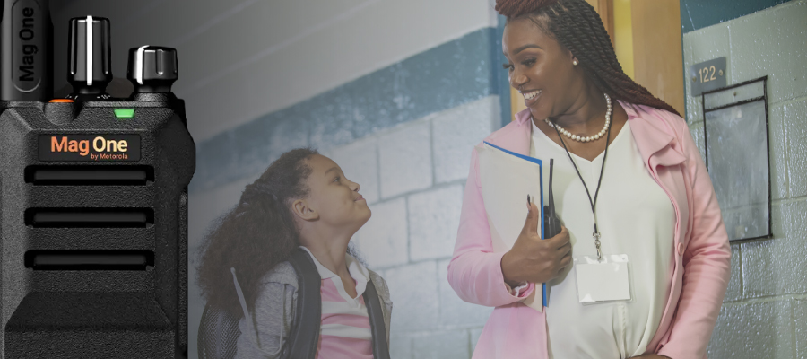 Motorola Solutions Mag One BPR 50dX Radio Superimposed Over School Hallway Scene 2