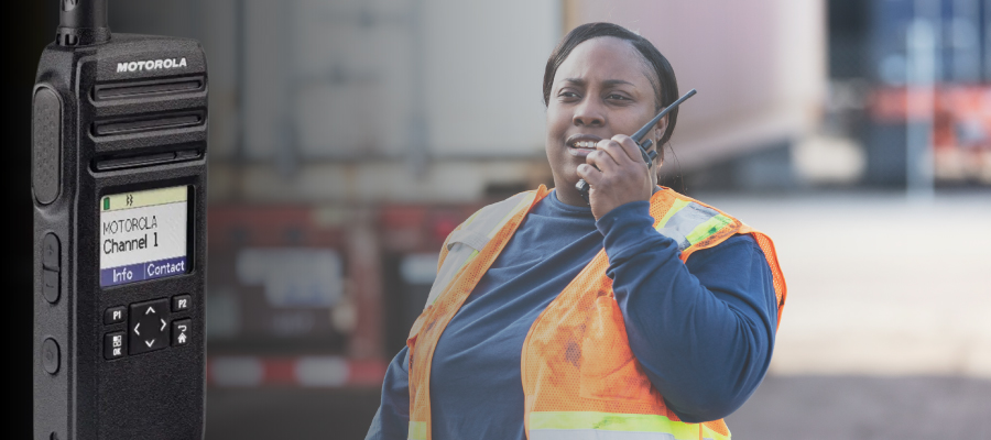 DTR Series Radio Superimposed Over Logistics Facility Worker