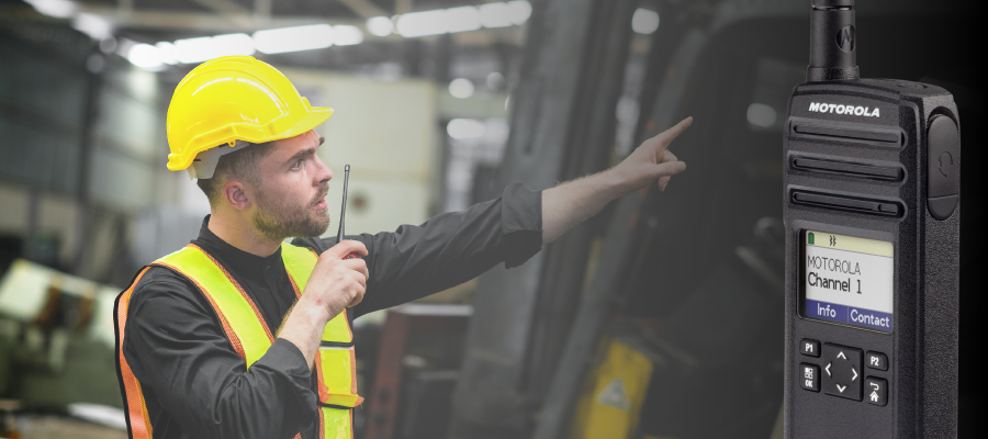 DTR Series Radio Superimposed Over Manufacturing Facility Worker