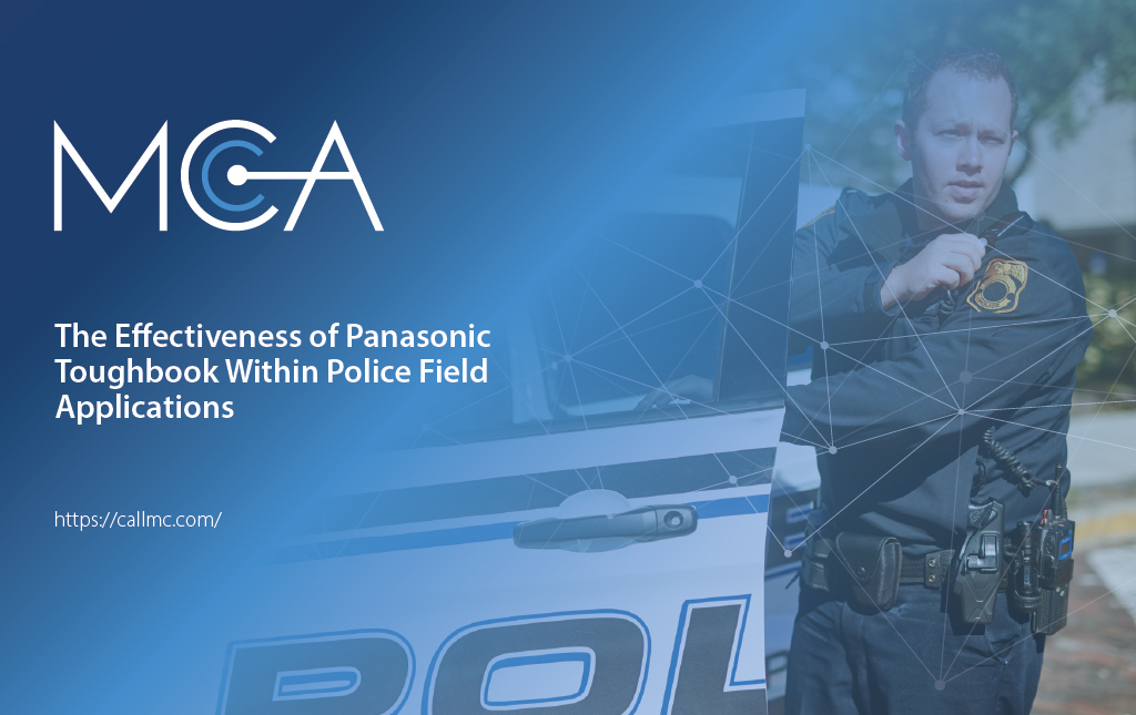 police officer outside of his car that is equipped with a Panasonic Toughbook, known for rugged, durable, and high-performance portable computing