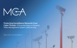 multiple surveillance cameras on posts symbolizing the importance of VMS cybersecurity