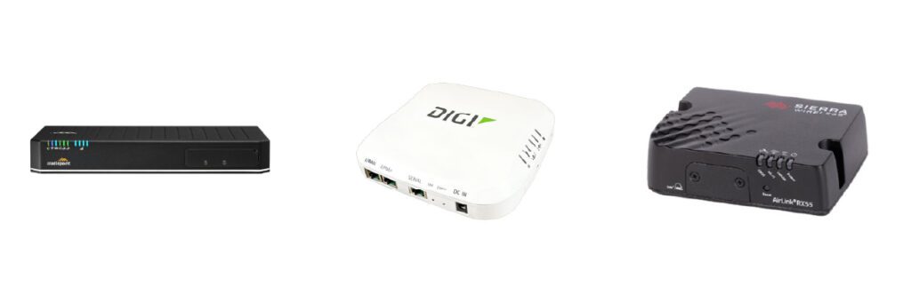 From left to right: Ericsson Cradlepoint E3000, Digi EX50 Enterprise Router, and the Semtech AirLink RX55