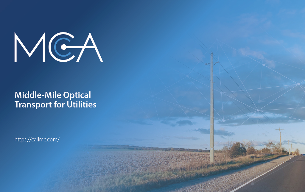 Electric utility lines along a rural road being leveraged as middle-mile optical transport to accelerate rural broadband deployment.