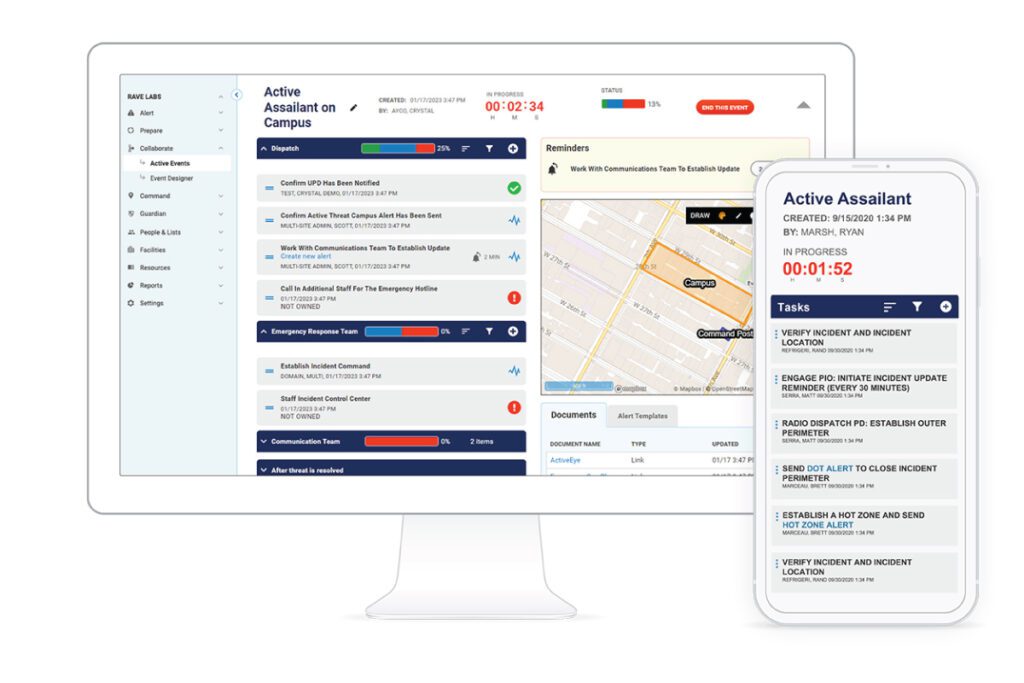Rave Collaborate, a dynamic incident collaboration platform that revolutionizes crisis management by digitizing and automating standard operating procedures, on both desktop and mobile devices.