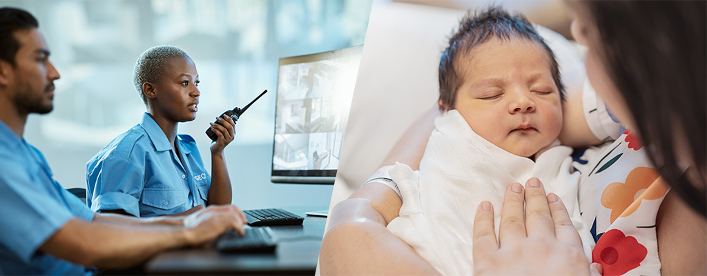 Security guards monitoring newborns location at a hospital.