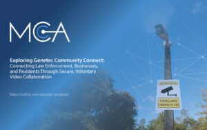 A surveillance camera on a pole with a sign that reads, "Security Notice - Surveillance Cameras In Use".