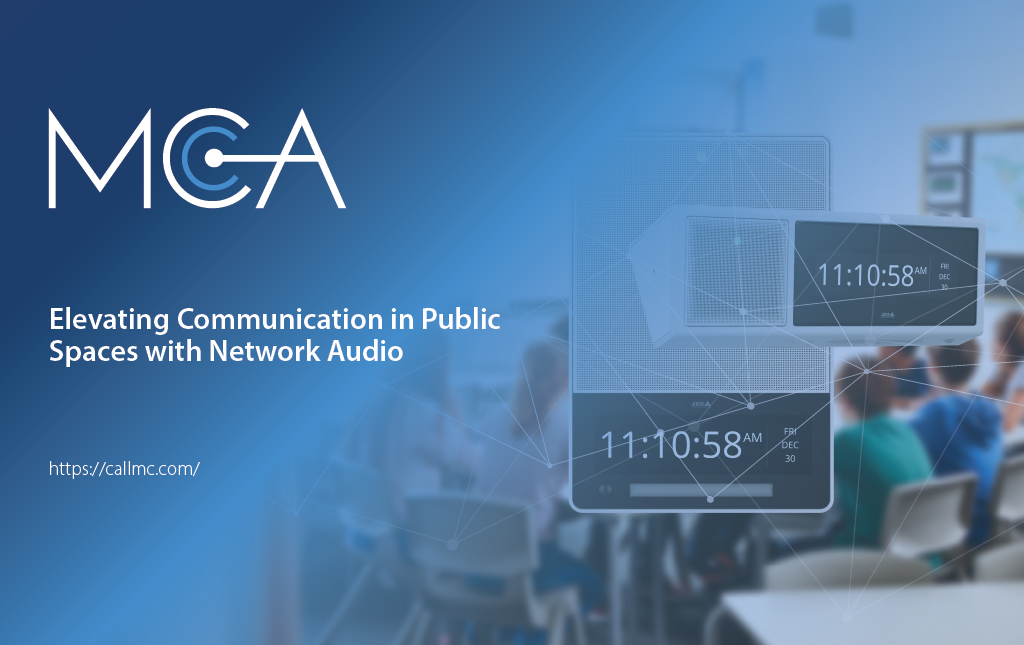 Foreground: A collage of the AXIS C1710 and C1720 network display speaker; background: a blurred image of a classroom filled with students.