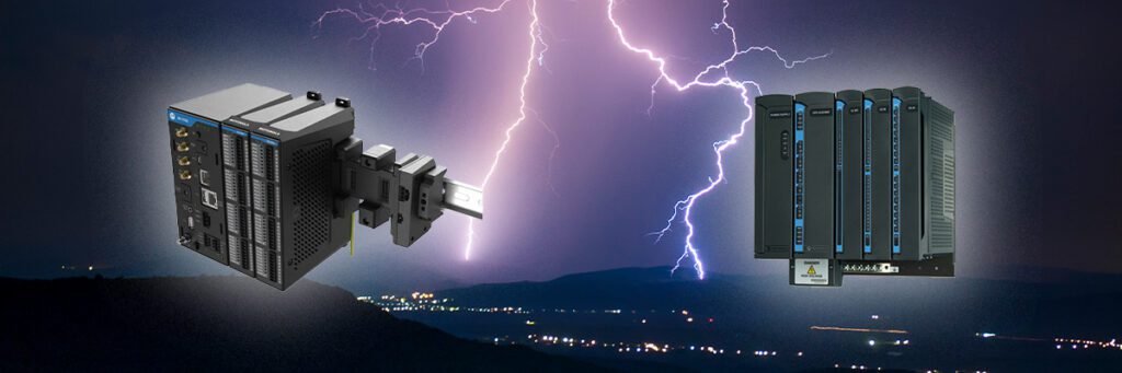 MC-EDGE Gateway and ACE3600 RTU product shots in the foreground; lightning over a urban skyline at night in background.