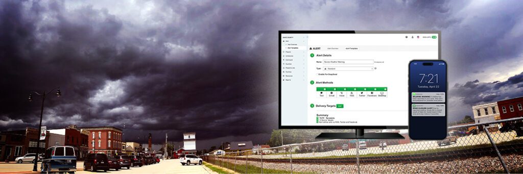 Foreground: Rave Alert Mass Notification System; background: a severe weather storm rolling into a small town.