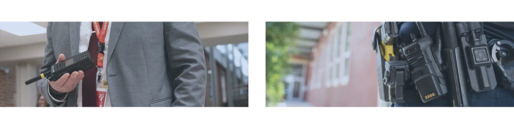 A split screen image: on the left, a principal communicates through a two-way radio; on the right, a two-way radio hangs off the utility belt of a campus police officer.