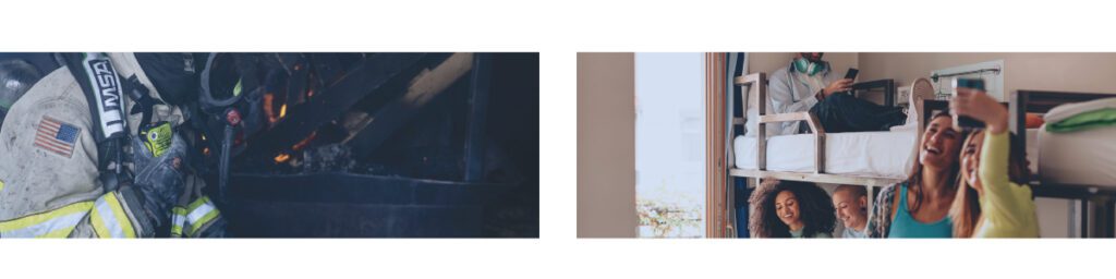 A split screen image: on the left, a firefighter - in action - clutches a two-way radio strapped to his chest; on the right, a dorm filled with college students play on their smartphones.