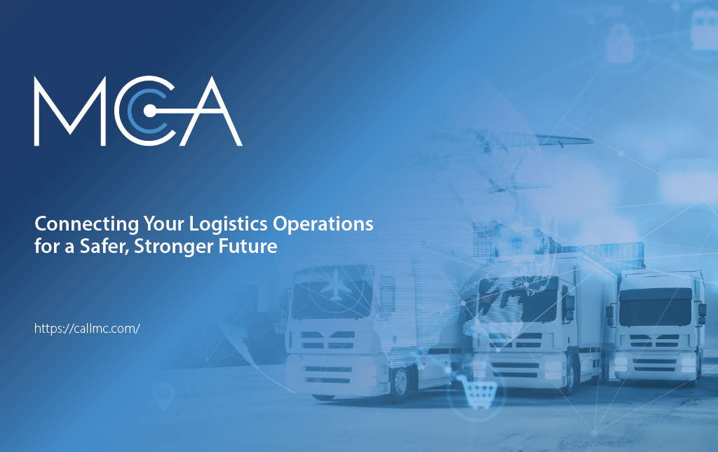 An artistic depiction of a futuristic logistics fleet including three semi-trucks and an airplane.