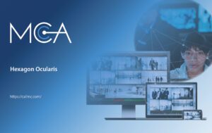 Foreground: Hexagon Ocularis video management system; background: Two workers in a surveillance control room.