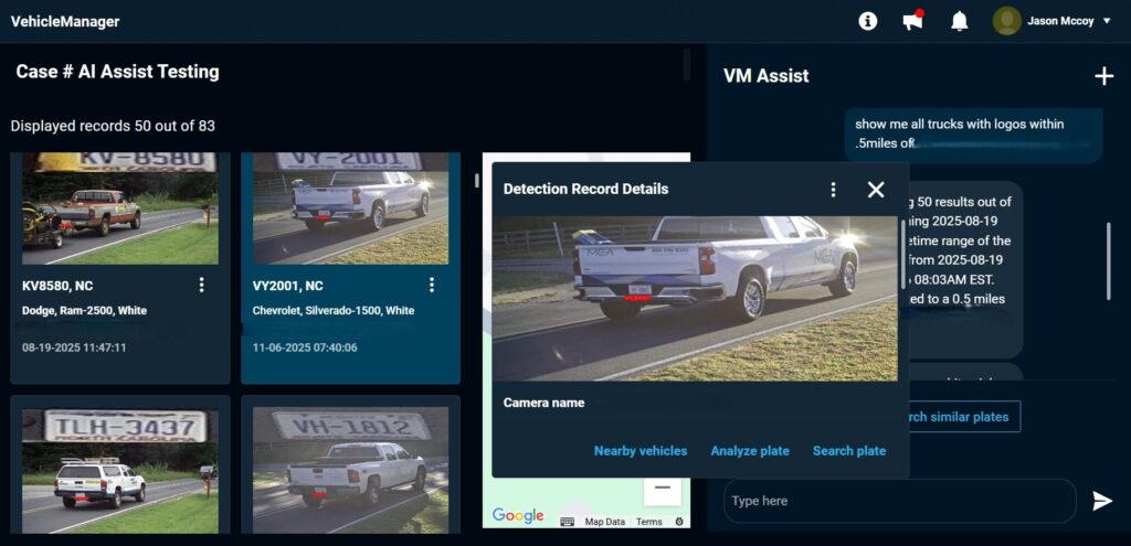 Assist AI within VehicleManager 8.0 showing multiple vehicles and their license plates.
