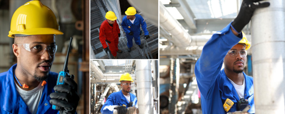 A maintenance worker at a refinery complex performing routine checkups.