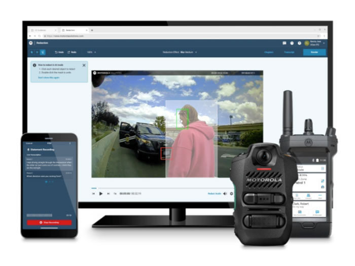 A desktop computer, a cell phone, and two-way radios running Assist, Motorola Solutions' interactive AI platform.