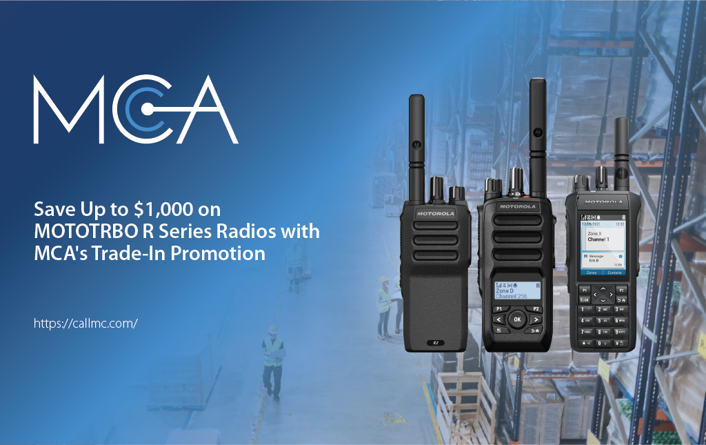 The R2, R5, and R7 MOTOTRBO R Series two-way radios, and a warehouse environment with workers in the background.